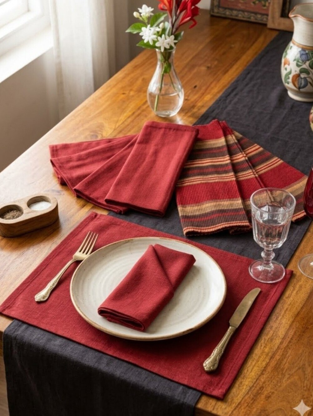 Kerala Kreations Multi-Color Burgundy 100% Cotton Placemats & Napkin Set Modern